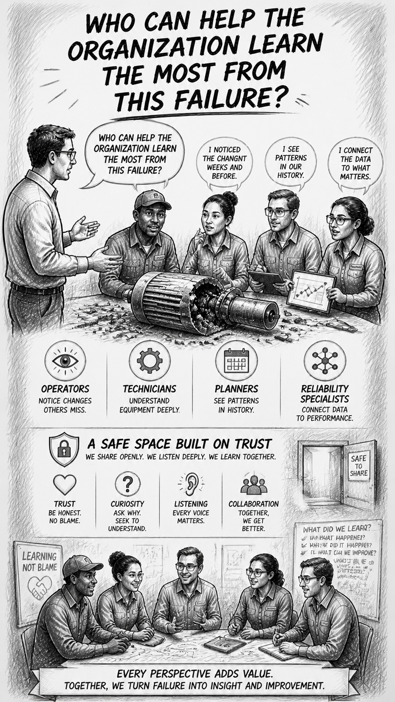Black-and-white sketch of a leader enabling collaborative Learn From Failure, showing a leader asking the right question to a team gathered around equipment, with icons representing operators noticing changes weeks before, technicians understanding equipment deeply, planners seeing patterns in maintenance history, and reliability specialists connecting data, while a trust-safe environment allows honest sharing and the organization Learn From Failure.
