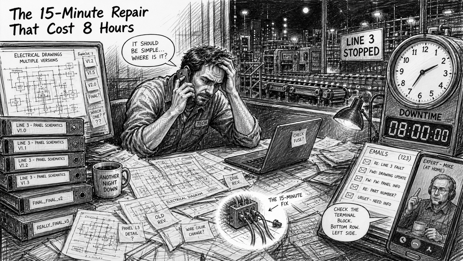 Black-and-white sketch showing the Maintenance Downtime Cost of “The 15-Minute Repair That Cost 8 Hours”: a factory at night with a stopped conveyor line, a frustrated technician surrounded by outdated electrical drawings, multiple file versions, scattered emails, and a phone call to an expert at home, while a large clock shows 8 hours of downtime, with the actual 15-minute repair hidden in the chaos of information complexity.
