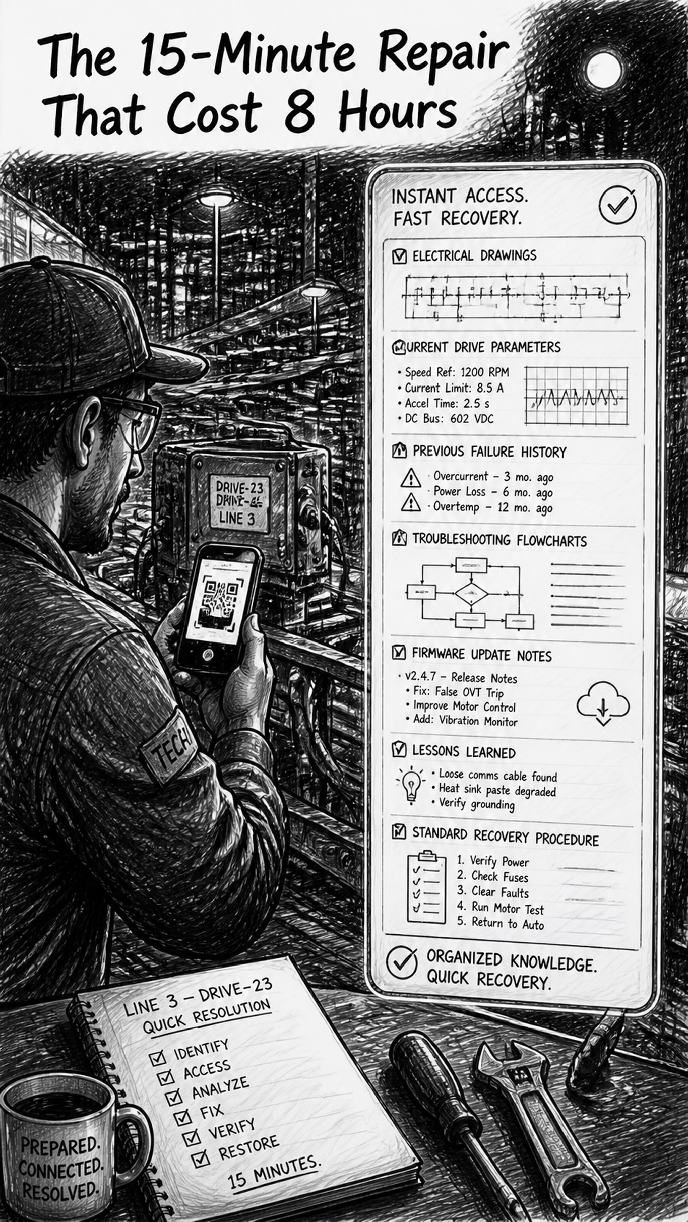 Black-and-white sketch showing reduced Maintenance Downtime Cost through organized knowledge: a technician at night scanning a QR code on a conveyor and instantly accessing accurate electrical drawings, current drive parameters, previous failure history, troubleshooting flowcharts, firmware update notes, lessons learned, and standard recovery procedures, enabling a fast 15-minute repair without delays.