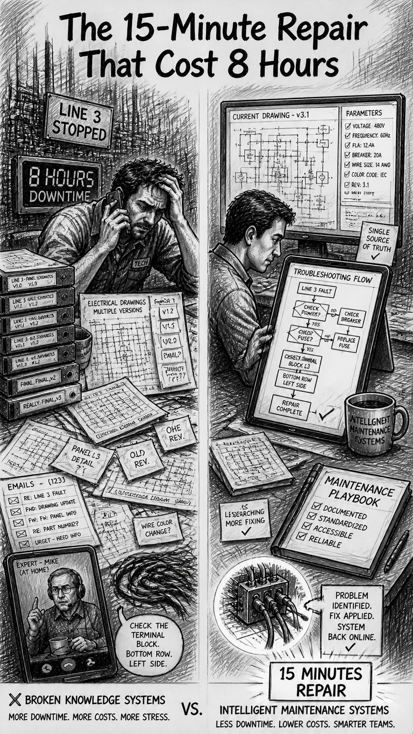 Black-and-white split sketch contrasting high Maintenance Downtime Cost on the left (chaotic scene with outdated drawings, multiple file versions, scattered emails, tribal knowledge, and a large “8 HOURS DOWNTIME” label) with low Maintenance Downtime Cost on the right (organized scene with accurate drawings, current parameters, troubleshooting flowcharts, lessons learned, and a small “15 MINUTES REPAIR” label), highlighting the difference between broken knowledge systems and intelligent maintenance systems.