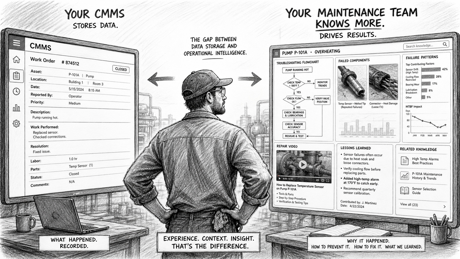 Black-and-white horizontal sketch showing the gap in Maintenance Intelligence: on one side, a CMMS screen with basic work order data like “Replaced sensor” and “Fixed issue”; on the other side, a rich maintenance knowledge interface with troubleshooting flowcharts, photos of failed components, failure patterns, repair videos, and lessons learned; a technician stands between them, symbolizing the difference between simple data storage and actionable Maintenance Intelligence that helps technicians solve problems faster.