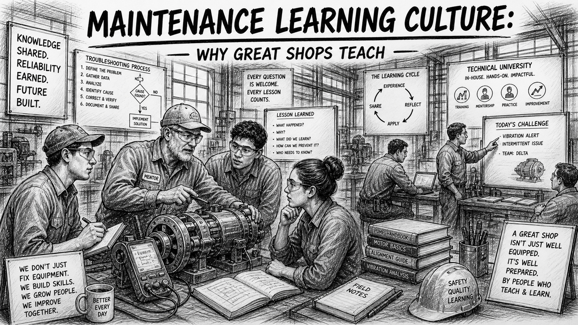 Black-and-white sketch showing a maintenance shop that functions like a living technical university, with experienced technicians mentoring younger ones around equipment, troubleshooting sessions turning into teaching moments, visual learning aids on the wall, and a collaborative atmosphere where knowledge flows freely, representing a strong Maintenance Learning Culture.
