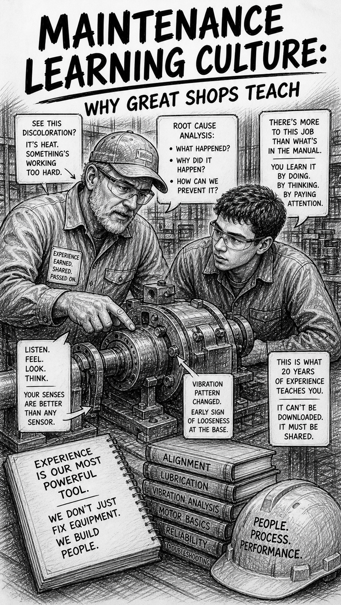 Black-and-white sketch showing Maintenance Learning Culture through mentorship, with an experienced technician mentoring a junior technician at a machine, pointing out failure signs, explaining root cause analysis, and sharing experience-based insights that cannot be found in manuals.
