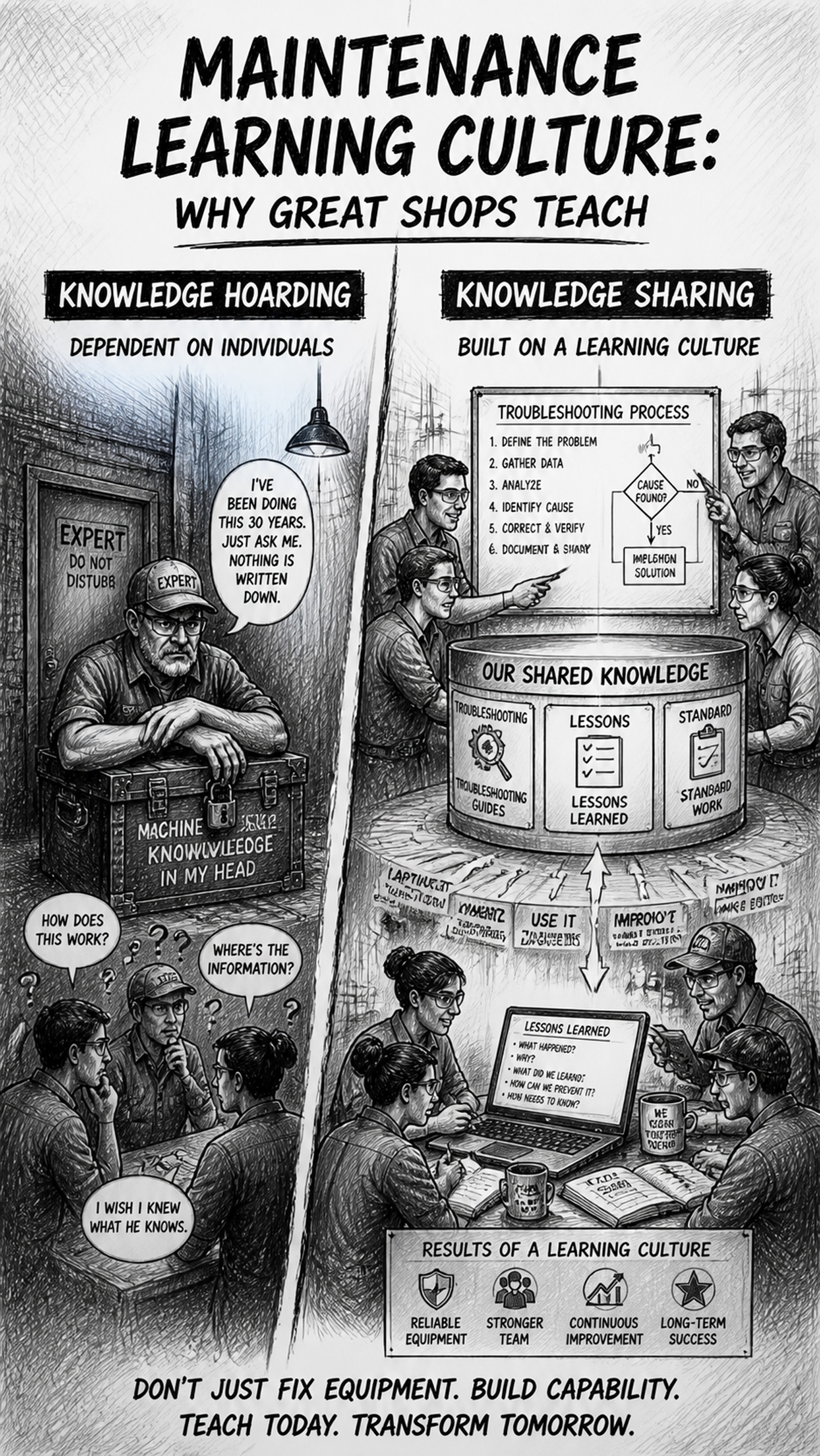 Black-and-white split sketch contrasting knowledge hoarding on the left (one isolated expert guarding machine knowledge while others are confused, creating dependency on individuals) with knowledge sharing on the right (multiple technicians collaborating, a central knowledge system with troubleshooting guides and lessons learned, and expertise multiplied across the organization), highlighting the difference between weak and strong Maintenance Learning Culture.