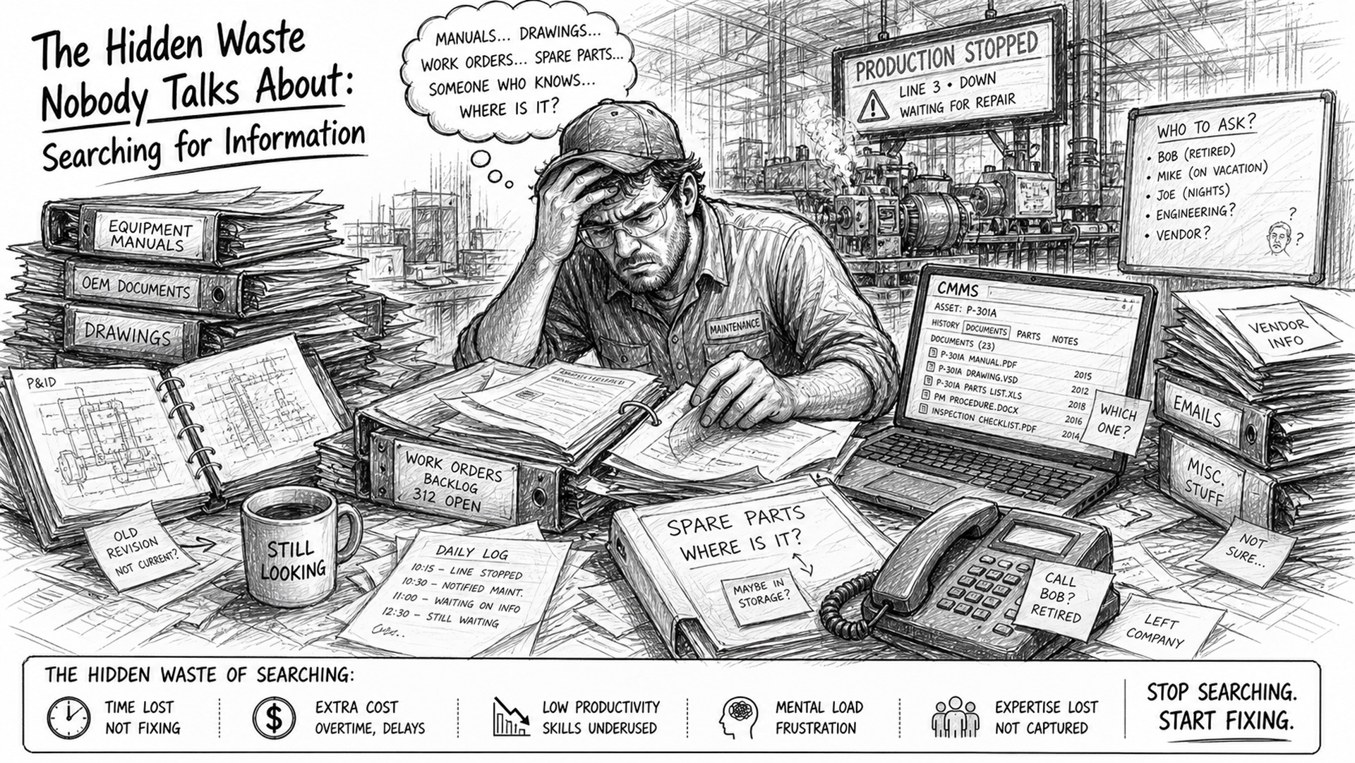 Black-and-white sketch showing the hidden Searching for Information Waste in a manufacturing plant: a maintenance technician surrounded by chaotic piles of binders, scattered papers, old work orders, a CMMS screen, folders, and a phone, while the production line sits stopped, emphasizing wasted time hunting for manuals, drawings, spare parts, and expertise instead of executing repairs.