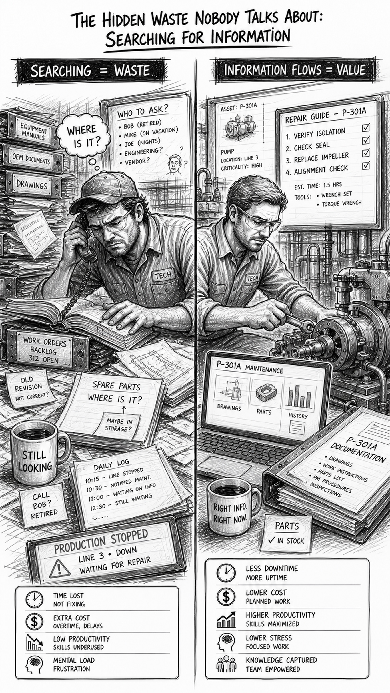 Black-and-white split sketch contrasting Searching for Information Waste on the left (a technician acting like a detective searching through binders, old work orders, and calling experts, labeled “Searching = Waste”) with instant information flow on the right (a technician immediately starting repairs with organized knowledge, drawings, and repair guides, labeled “Information Flows = Value”), highlighting the difference between information retrieval problems and intelligent maintenance systems.