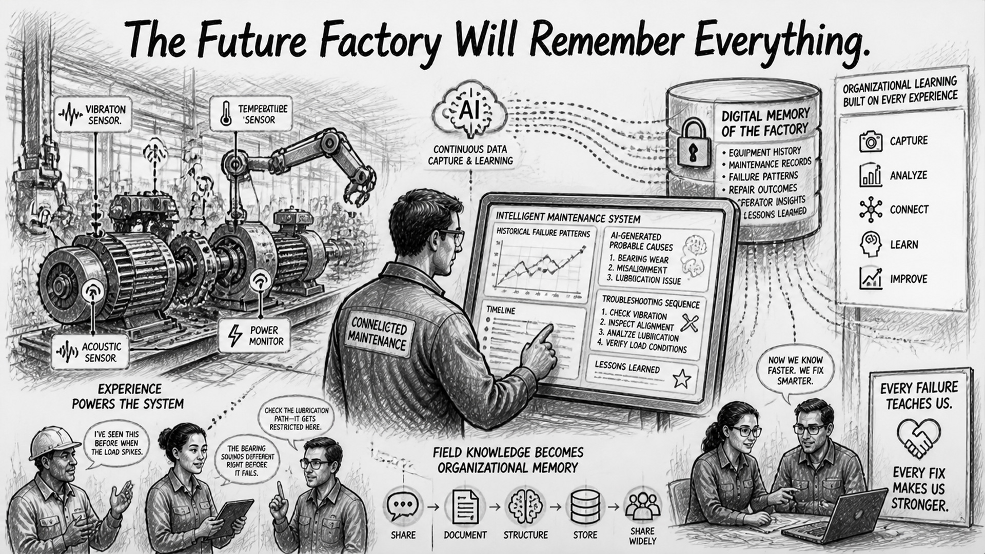 Future Factory concept showing AI-powered maintenance, digital memory, equipment monitoring, and organizational learning systems that preserve operational knowledge and improve reliability.