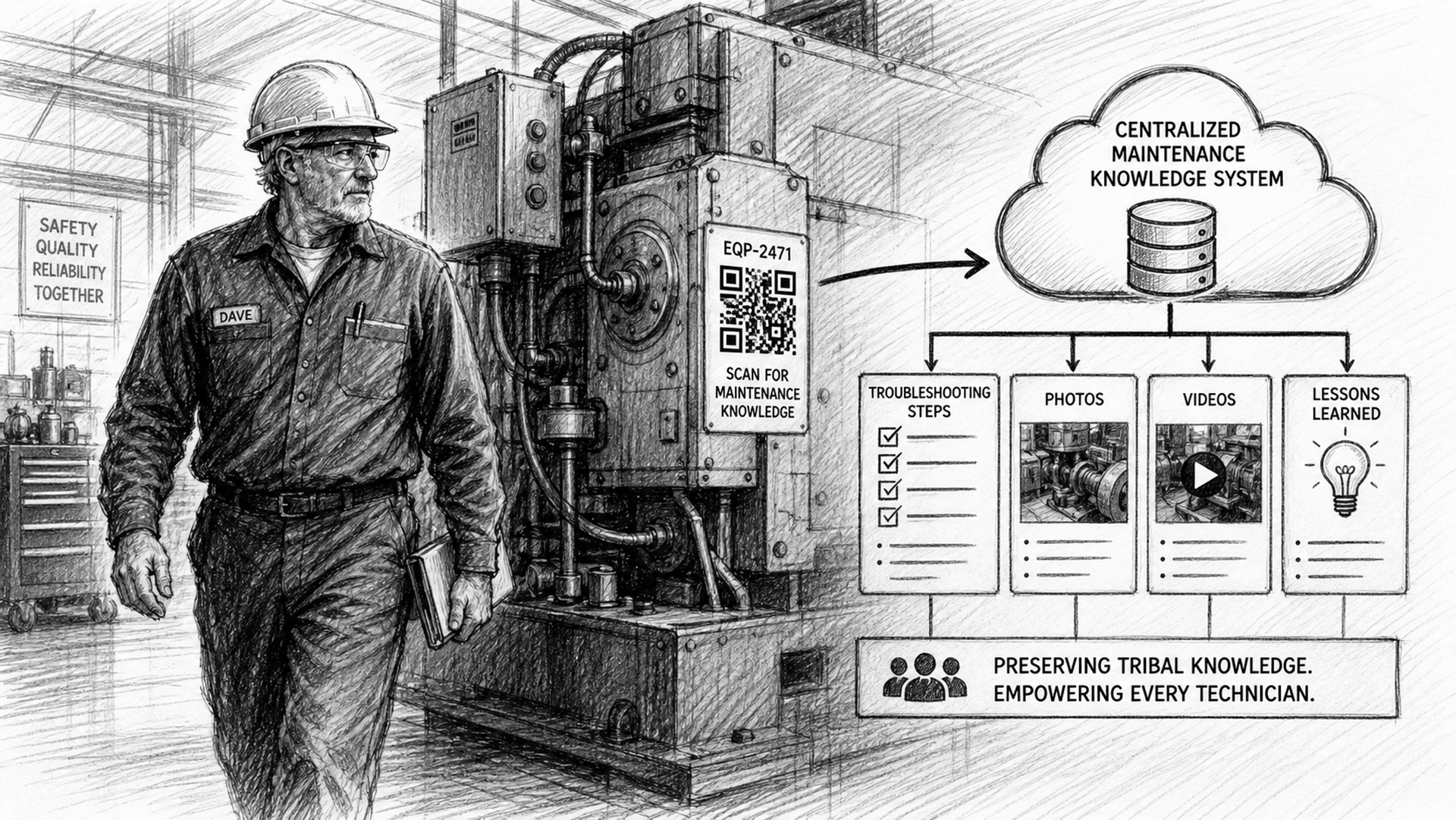 Black-and-white sketch showing a maintenance shop where a senior technician walks past a machine with a QR code linked to a Maintenance Knowledge System, displaying troubleshooting steps, photos, videos, and lessons learned, illustrating how tribal knowledge is preserved in a centralized database.