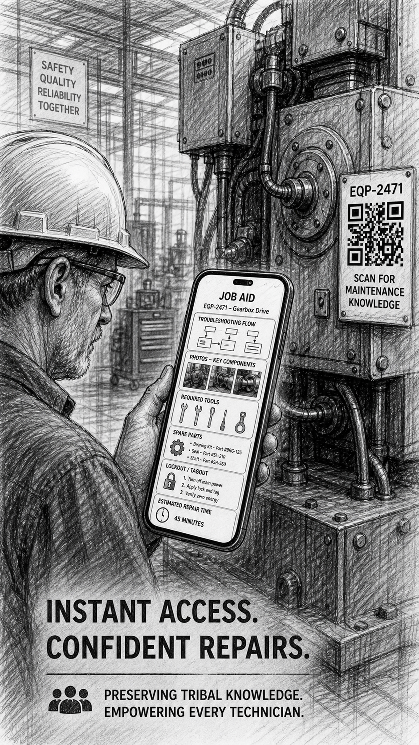 Black-and-white sketch showing a technician scanning a QR code on a machine and viewing a Job AID on a smartphone with troubleshooting flow, component photos, required tools, spare parts, lockout instructions, and estimated repair time, representing instant access to a Maintenance Knowledge System.