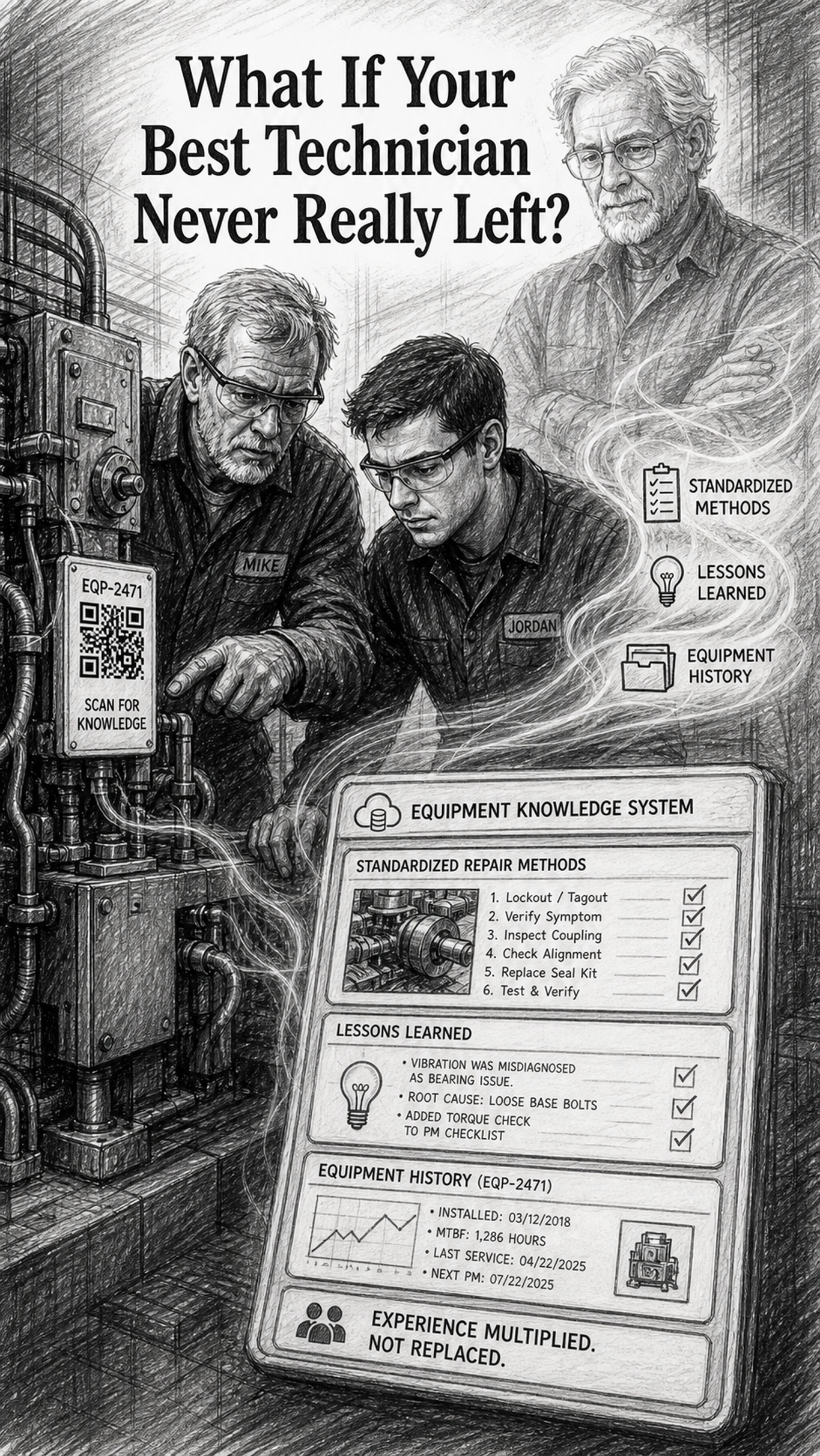 Black-and-white sketch showing a senior technician mentoring a junior technician at a machine, with a Maintenance Knowledge System interface nearby showing standardized repair methods, lessons learned, and equipment history, symbolizing how structured knowledge multiplies experience instead of replacing it.