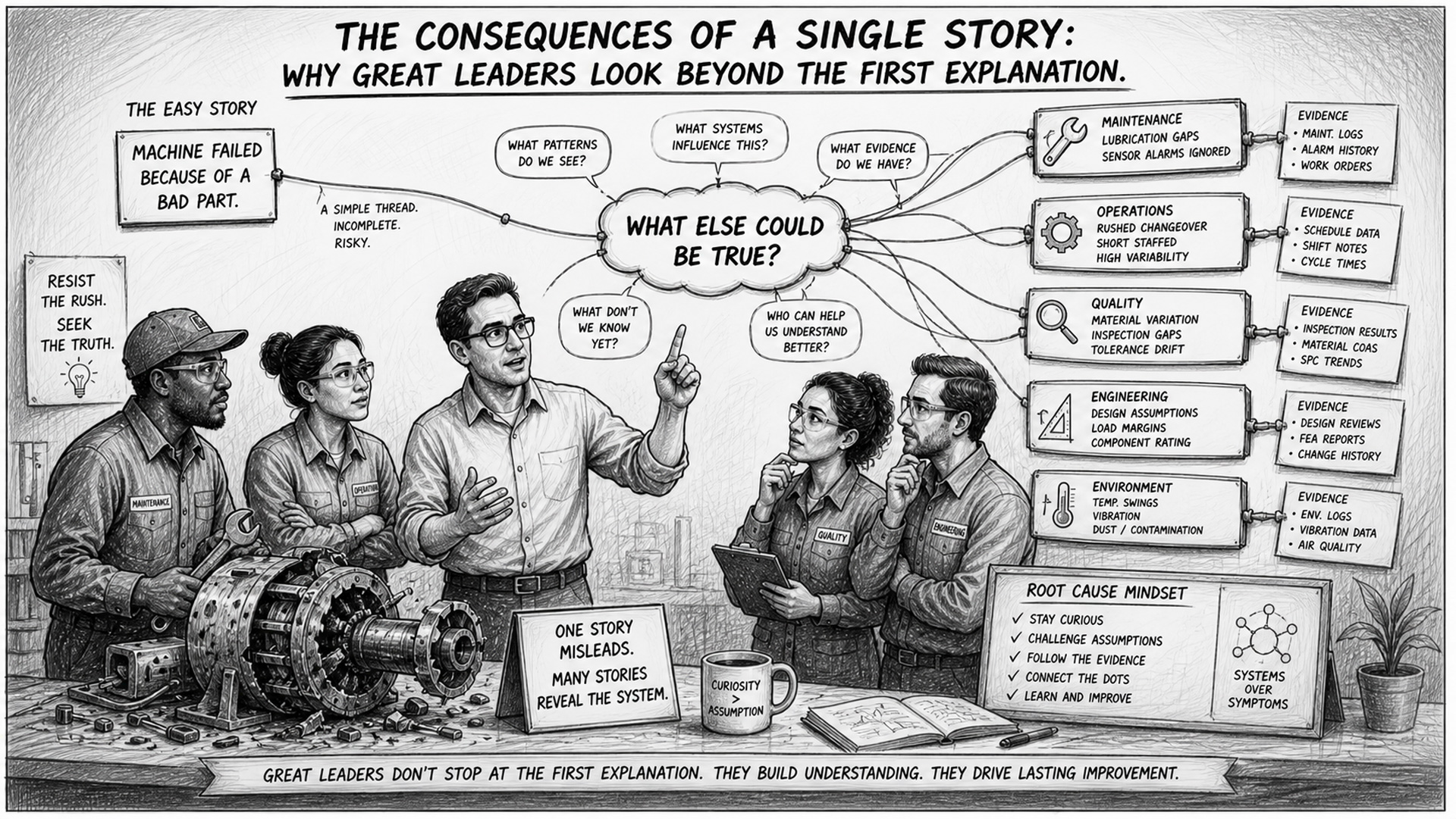 Black-and-white horizontal sketch showing better Leadership Decision Making by looking beyond the first explanation: multiple perspectives (Maintenance, Operations, Quality, Engineering) gathered around a problem, with the simple first story shown as a single thin thread while additional questions, evidence, and system views expand outward, and a leader pausing to ask deeper questions instead of accepting the easy conclusion.