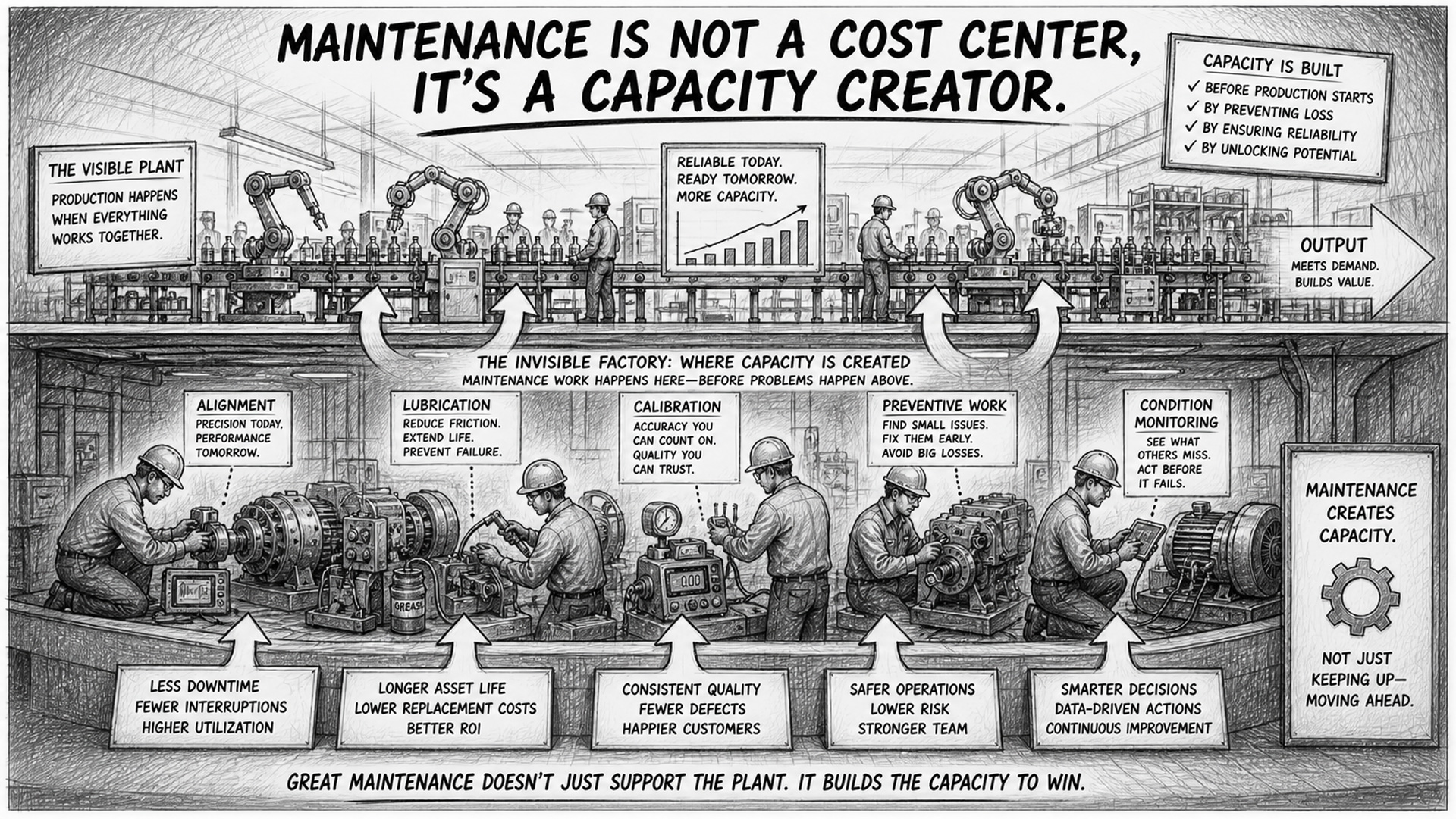 Black-and-white horizontal sketch showing Maintenance Capacity creation: a manufacturing plant depicted as two layers, the visible production line making products above, and an invisible 'factory inside the factory' below where maintenance activities (alignment, lubrication, calibration, preventive work) build reliable equipment, with arrows illustrating how maintenance creates hidden capacity that enables production targets, emphasizing maintenance as a strategic capacity creator, not just a cost center.