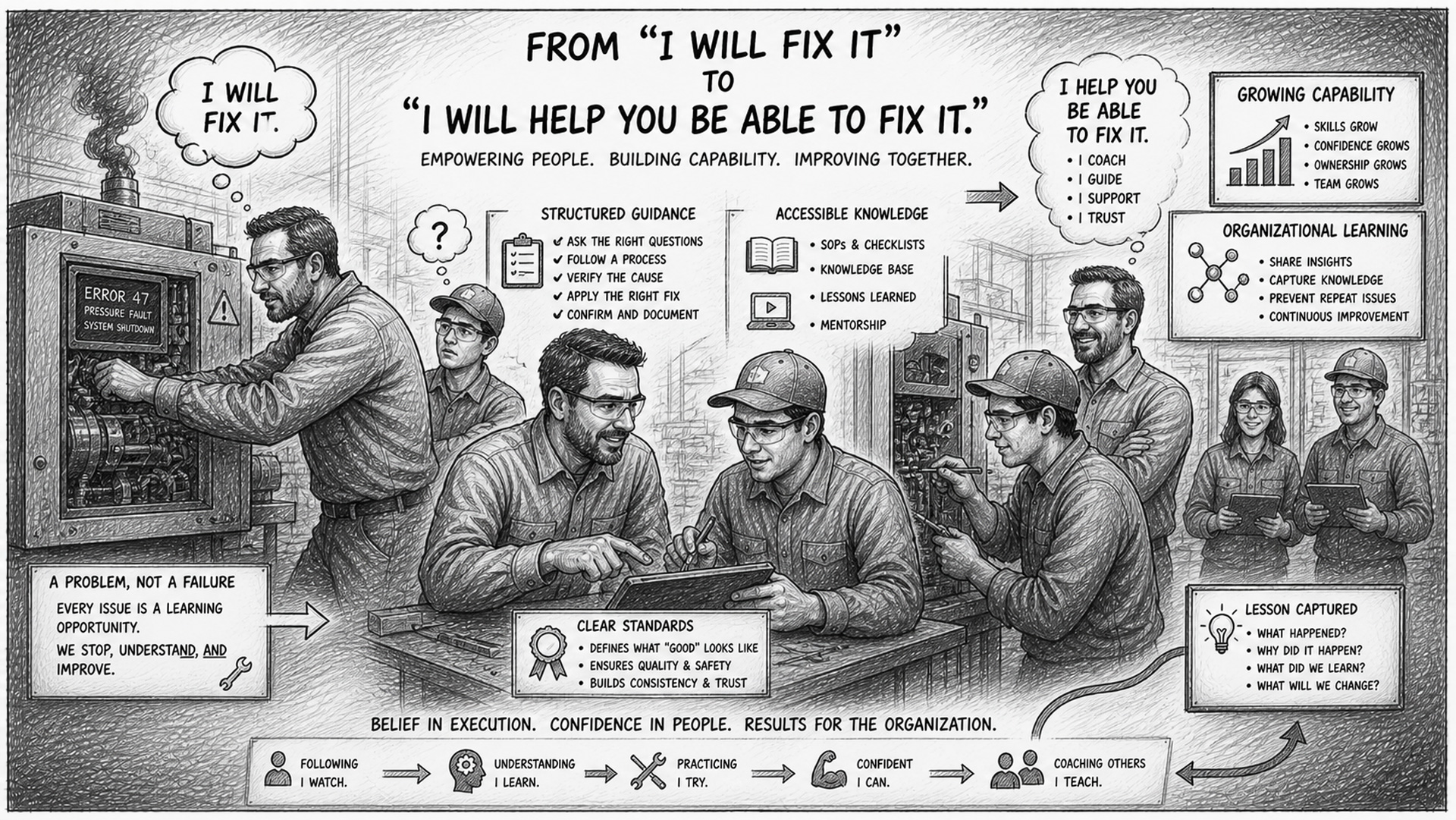 Black-and-white horizontal sketch showing Self-Efficacy Leadership in a manufacturing environment: a leader coaching a technician through complex troubleshooting, visualizing the shift from 'I will fix it' to 'I will help you be able to fix it,' with structured guidance, accessible knowledge, clear standards, and a failed machine turned into a learning opportunity, emphasizing belief in execution, confidence building, and organizational learning.