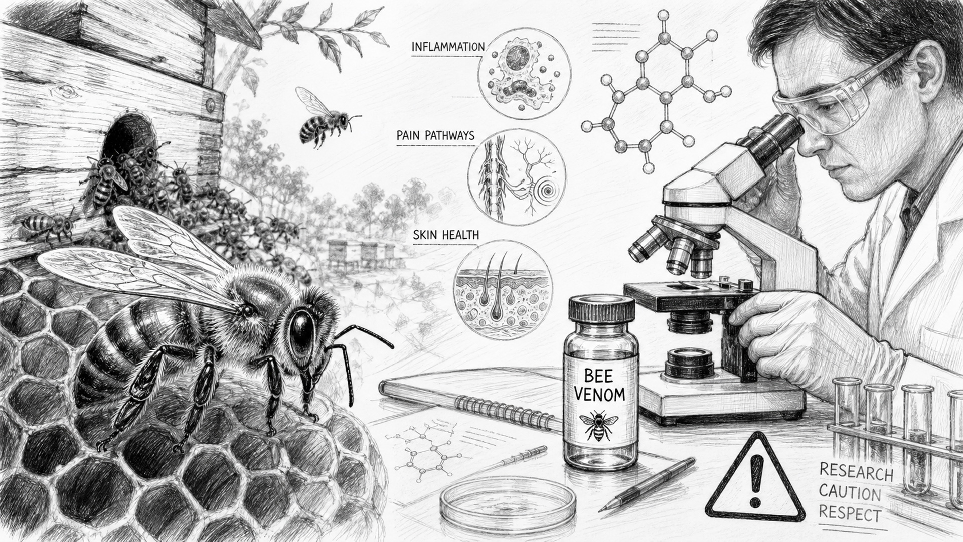 Black-and-white horizontal sketch showing Bee Venom research: a honeybee and hive beside a scientific workstation with a labeled venom vial, microscope, molecular diagrams, and a researcher wearing protective gloves, representing the study of potential effects on inflammation, pain pathways, and skin health while emphasizing careful handling and safety.