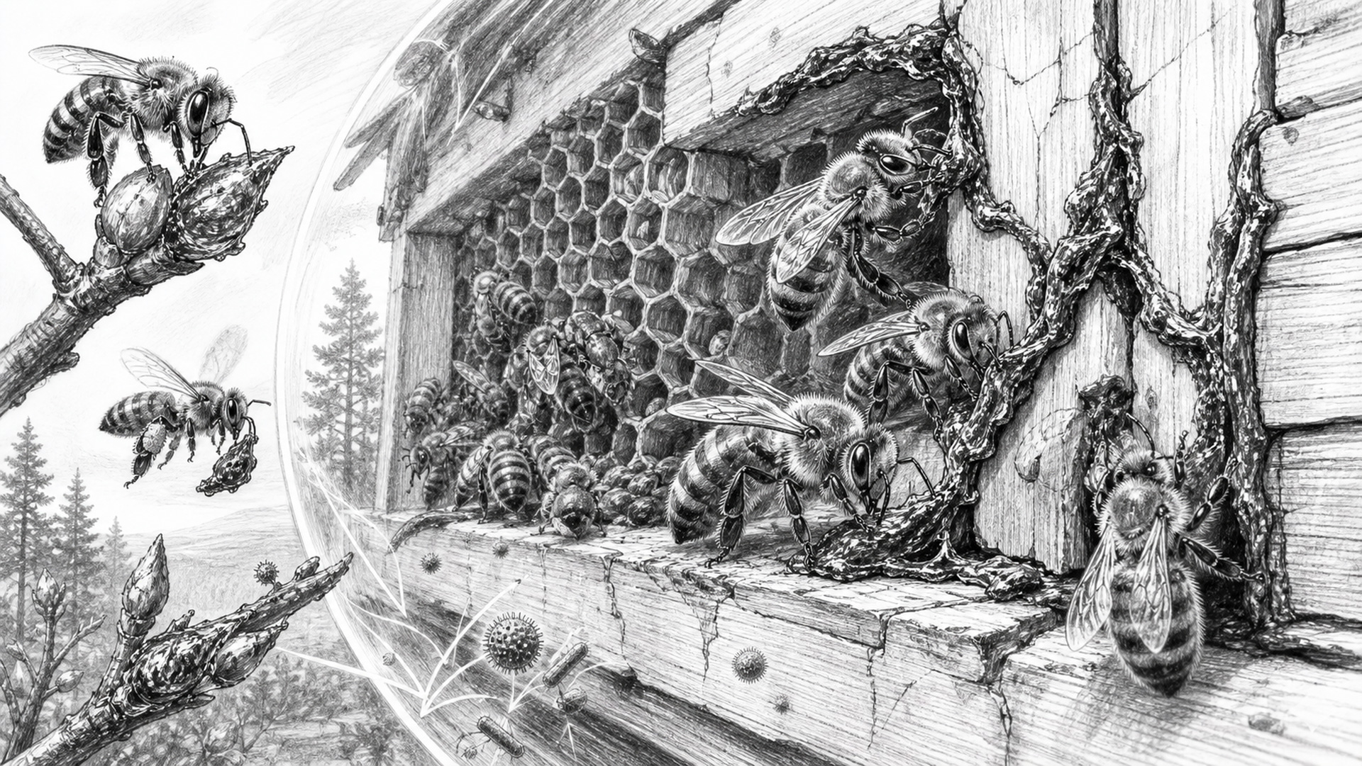 Black-and-white horizontal sketch showing honeybees inside a healthy hive applying sticky Propolis resin to seal cracks and protect the colony, while other bees gather plant resin from tree buds in the background, illustrating propolis as the hive’s natural protective barrier.