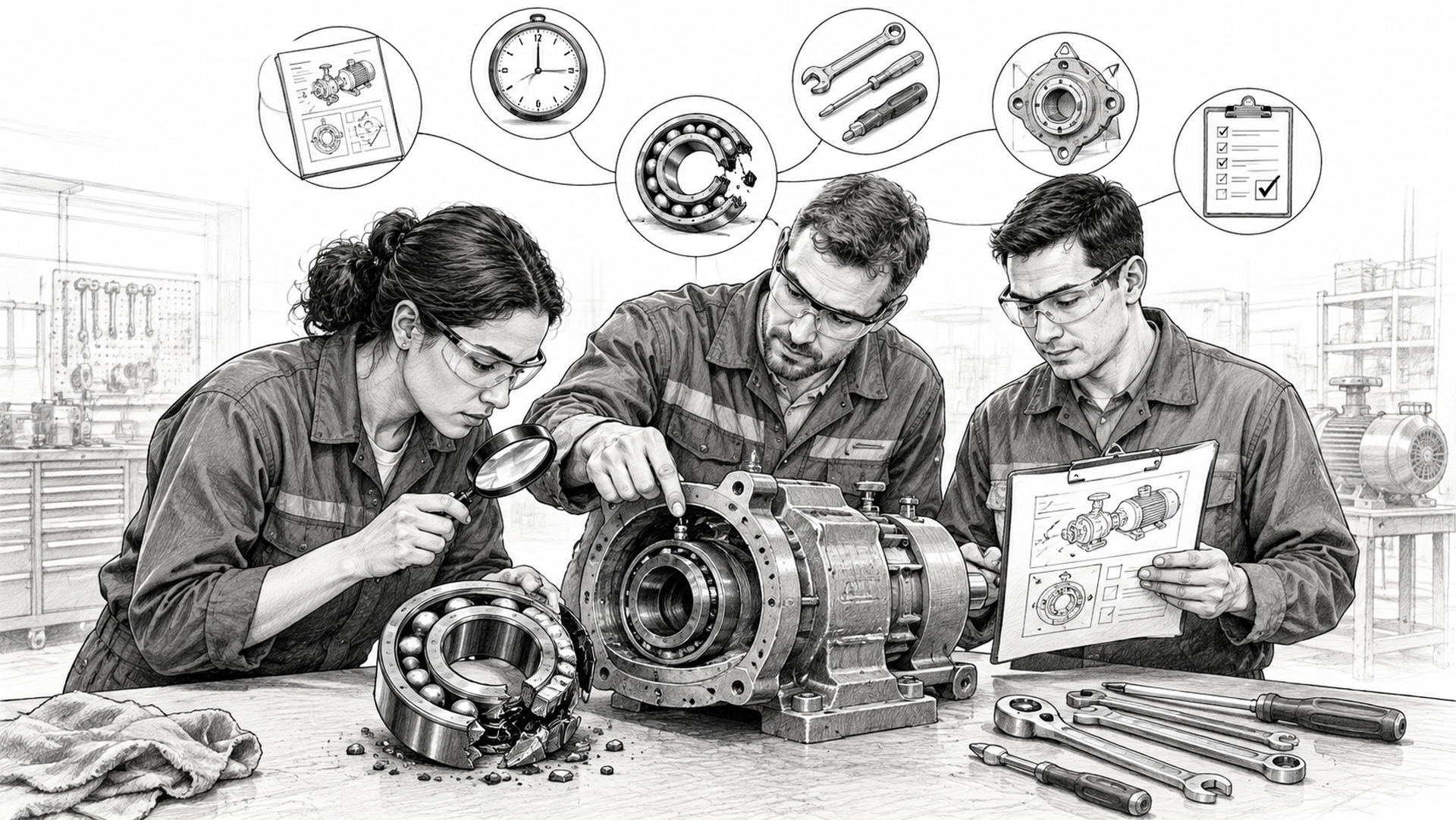 Black-and-white sketch of maintenance professionals examining a failed bearing, with tools, procedures, and time pressure illustrating contributing factors to human error in root cause analysis.