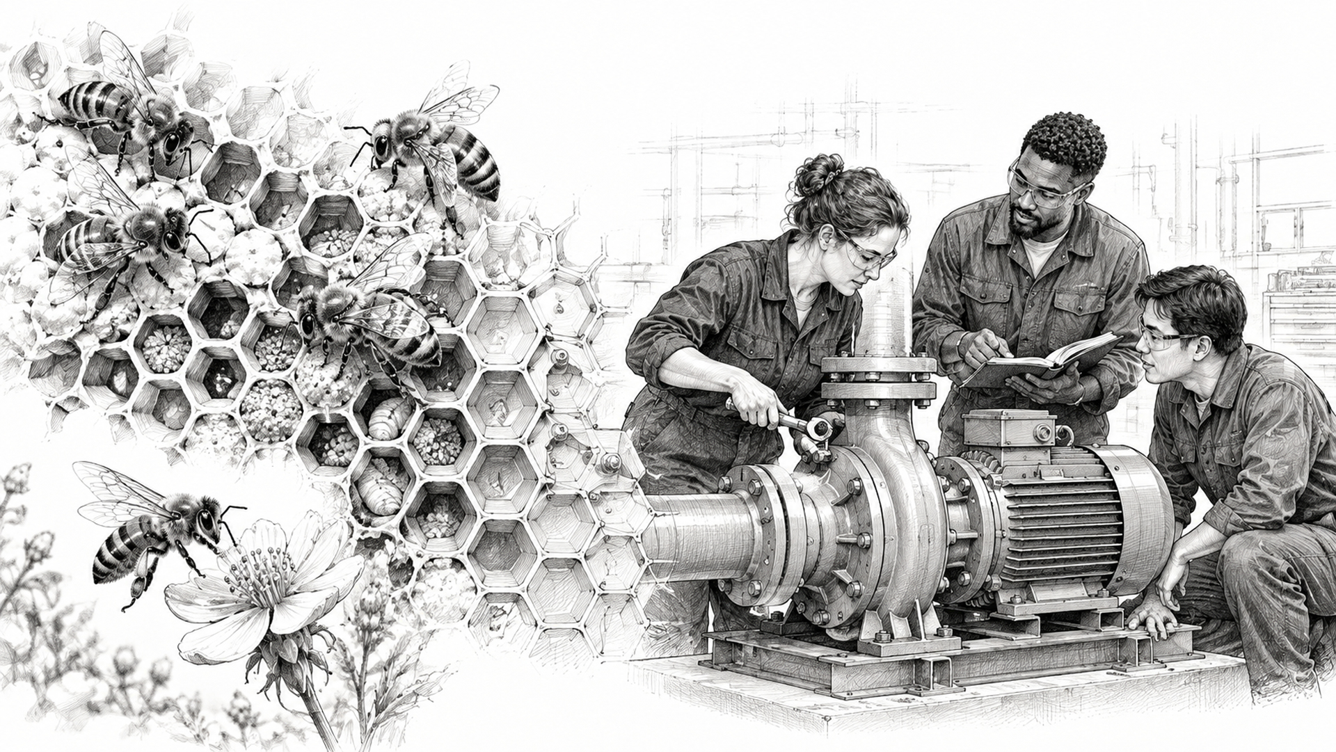 Black-and-white sketch of bees on a honeycomb beside technicians inspecting industrial equipment, illustrating teamwork and knowledge sharing in maintenance leadership.